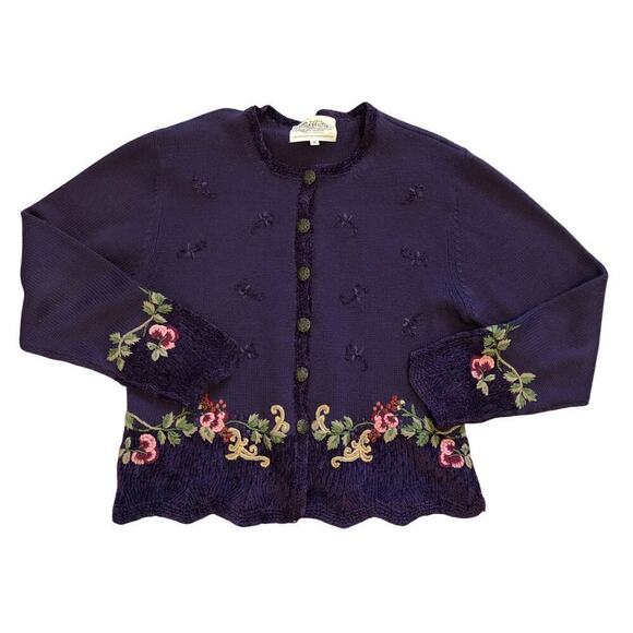 VTG Susan Bristol Hand Embroidered Womens Button Up Cardigan Sz M Purple - Picture 1 of 8